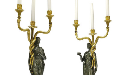 A PAIR OF EMPIRE ORMOLU AND PATINATED-BRONZE THREE-LIGHT CANDELABRA, EARLY 19TH CENTURY