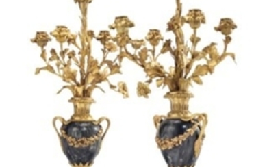 A PAIR OF FRENCH ORMOLU AND BLEU TURQUIN MARBLE FIVE-LIGHT CANDELABRA, MOUNTED AS LAMPS, CIRCA 1880