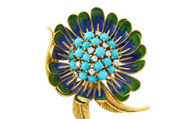 Gold, Turquoise, Enamel and Diamond Flower Clip-Brooch