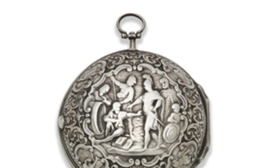 Langin. A continental silver key wind pair case pocket watch with cast decoration depicting Alexander the Great and Diogenes
