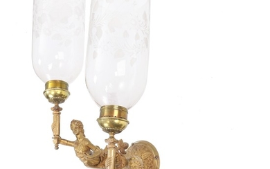 A large pair of bronze bracket lamps with clear glass shades. Mounted for electriciyy. Early 20th century. H. 55 cm. W. 15 cm. D. 44 cm. (2).