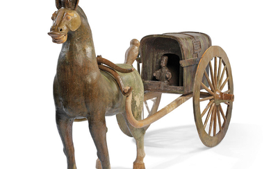 A LARGE BROWN AND GREEN-GLAZED POTTERY FIGURE OF A HORSE AND A CARRIAGE, THE POTTERY HORSE HAN DYNASTY (206 BC-AD 220), THE CARRIAGE AND FITTINGS PROBABLY LATER