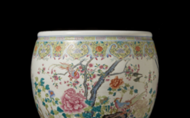 A large Famille Rose jardiniere decorated with birds and flowers China, 20th century (d. 49 cm.)