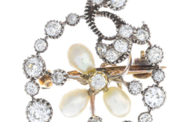 A late Victorian silver and gold, diamond and cultured pearl brooch.