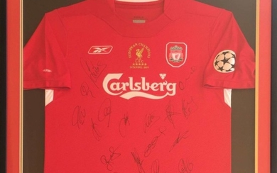 LIVERPOOL FC CHAMPIONS LEAGUE 2005: An excellent multiple signed squad commemorative red shirt, limi...