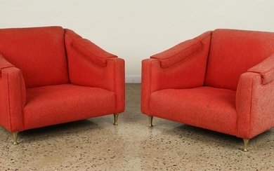 PAIR LOW SLUNG UPHOLSTERED CLUB CHAIRS CIRCA 1950