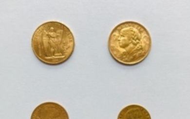 Quatre pièces en or : - 20 FF 1893A - 20…