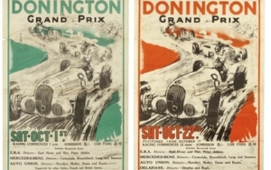 A rare pair of signed and annotated 1938 International Donington Grand Prix posters