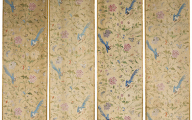 A SET OF FOUR CHINESE EXPORT PAINTED-SILK PANELS, 19TH CENTURY