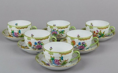 Set of Six Herend Queen Victoria Tea Cups with Saucers