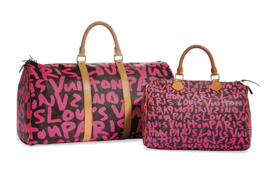 A SET OF TWO: A LIMITED EDITION DAY-GLO FUCHSIA MONOGRAM GRAFFITI SPEEDY 30 A LIMITED EDITION DAY-GLO FUCHSIA MONOGRAM GRAFFITI KEEPALL 50, LOUIS VUITTON BY STEPHEN SPROUSE, SPRING 2009