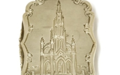 A silver castle top vinaigrette, Nathaniel Mills, Birmingham 1847, of serpentine shape, the cover ...