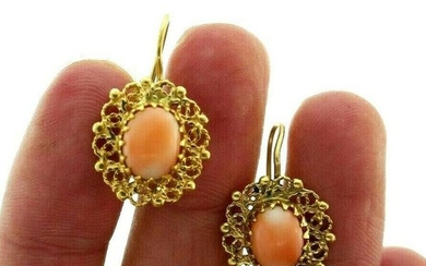 VINTAGE 14k Yellow Gold & Coral Earrings on Wire