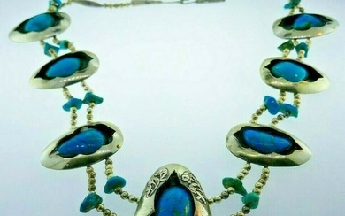 VINTAGE Silver & Turquoise Squash Blossom Necklace