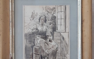 Wilhelm Marstrand: Interior with Italian woman. Unsigned. Pencil and brown ink on paper. 19×14 cm. Frame size 32×27 cm.