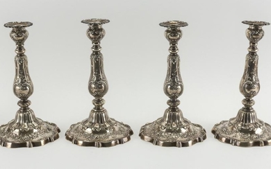 FOUR GORHAM "CHANTILLY" PATTERN WEIGHTED STERLING SILVER CANDLESTICKS Two with date marks for 1913, one 1901 and one lacking a date...