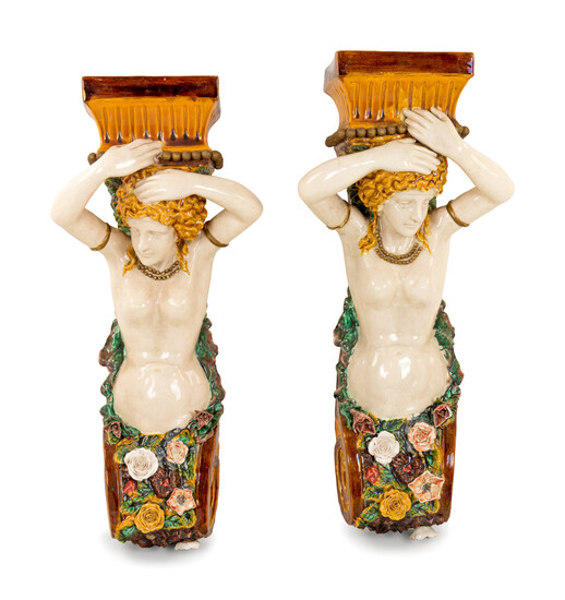 A Pair of German Majolica Figural Brackets