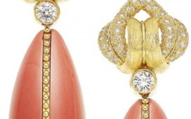 55005: Diamond, Coral, Gold Earrings, Henry Dunay The