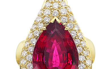 Rubellite Tourmaline, Diamond, Gold Ring The ring features...