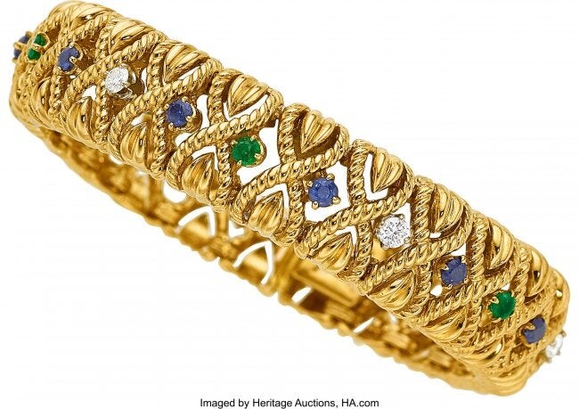 55105: Sapphire, Emerald, Diamond, Gold Bracelet, Van C