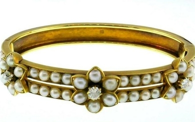 Vintage 18k Yellow Gold Diamond Natural Pearl Bracelet