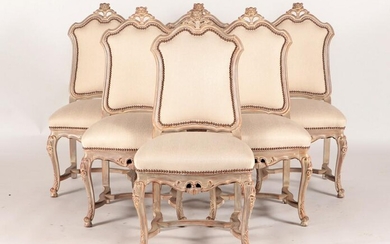 6 CARVED PAINTED REGENCY STYLE UPHOLSTERED CHAIRS