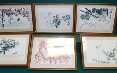 6 Oriental Watercolors, Signed w/ Character Marks