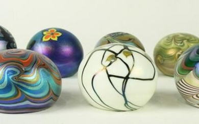 An Iridescent paperweight and vase group