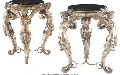 A Pair of French Silvered Bronze and Marble Guer