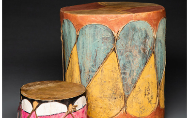 Two Pueblo Polychrome Drums c. 1920 wood, hide,...