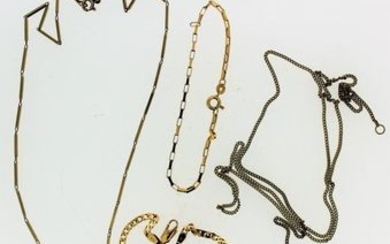 Two 9ct yellow gold bracelets and a 9ct yellow gold necklace, total weight 10.4 grams, and a yellow metal fine chain necklace...