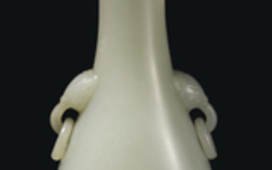 A RARE PALE GREYISH-WHITE JADE SLENDER PEAR-SHAPED VASE, CHINA, QING DYNASTY, QIANLONG INCISED SIX-CHARACTER FANGGU MARK AND OF THE PERIOD (1736-1795)