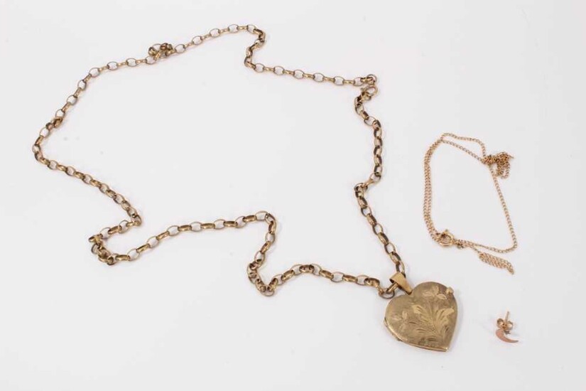 9ct gold heart locket on 9ct gold chain, one other gold chain and one gold earring