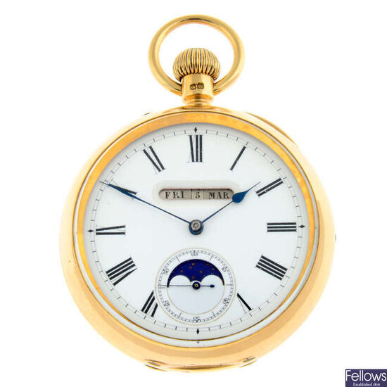 A 18ct yellow gold open face moonphase triple date pocket watch, 51mm.