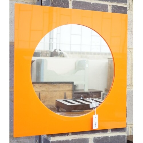 A 1960's orange Perspex framed mirror, 60cm sq.