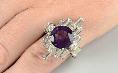 A 1970s amethyst and diamond geometric cluster ring.