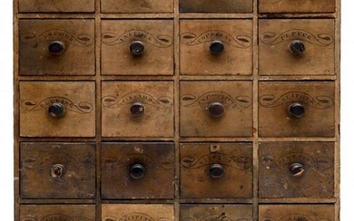 A 19TH CENTURY DECORATED MUSTARD PAINT APOTHECARY CHEST