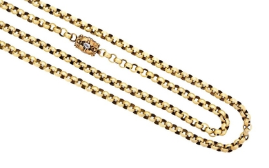 A 19th century gold guard chain, to a foliate barrel clasp with paste detail, composed of chevron patterned links, length, 126 cm, approximate gross weight 39g, c.1830