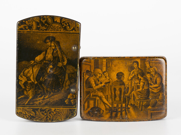A 19th century papier-mâché lacquered penwork snuff box, the hinged lid decorated with a c