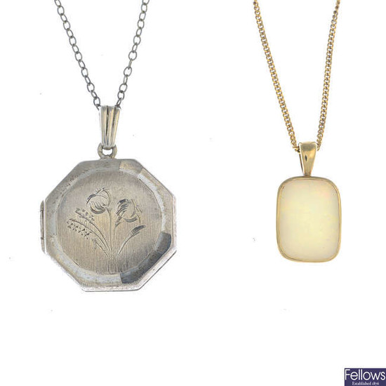 A 9ct gold opal necklace and a silver locket with chain.
