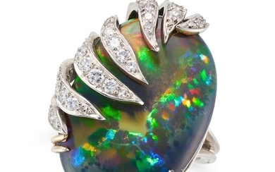 A BLACK OPAL AND DIAMOND RING set with a cabochon black opal of approximately 19.89 carats in a s...