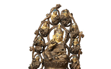 A BRONZE FIGURE OF PADMASAMBHAVA WITH MANIFESTATIONS AND DISCIPLES TIBET,...