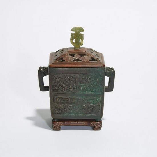 A Bronze Archaistic Square-Section Censer, Cover and