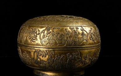 A CARVED GILT-BRONZE BOX AND COVER.QING PERIOD