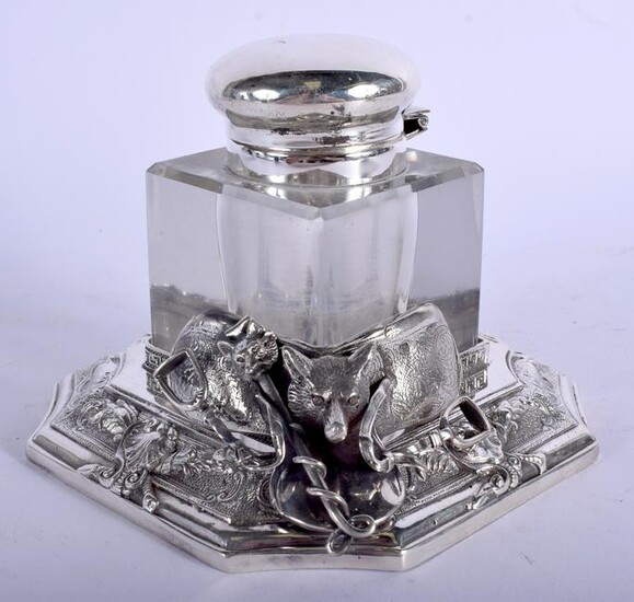 A CHARMING ANTIQUE SILVER PLATED HUNTING INKWELL