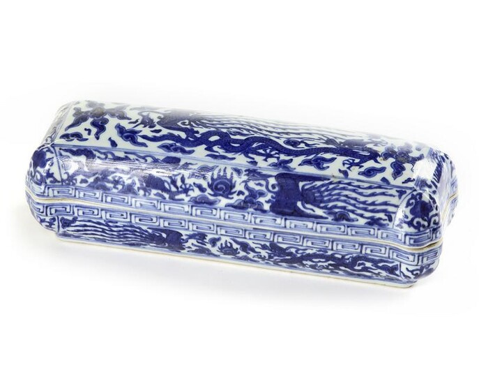 A CHINESE BLUE AND WHITE 'DRAGON AND PHOENIX' PEN BOX