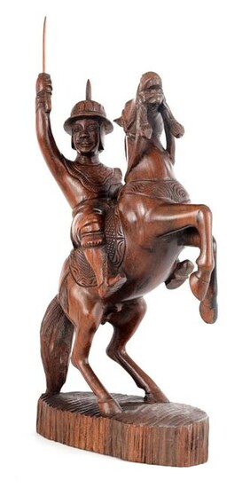 A CHINESE CARVED HARDWOOD FIGURE OF A GENERAL ON HORSE