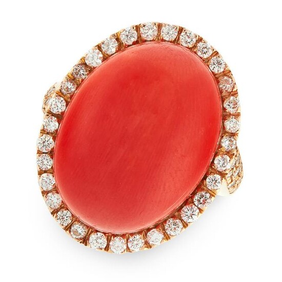 A CORAL AND DIAMOND DRESS RING in yellow gold, set with