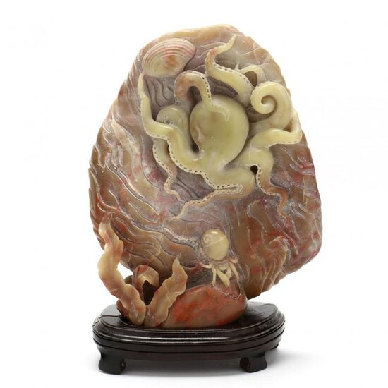 A Carved Hardstone Sculpture with Sea Creatures