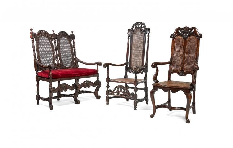 A Charles II style carved walnut chair back settee, early 20th century